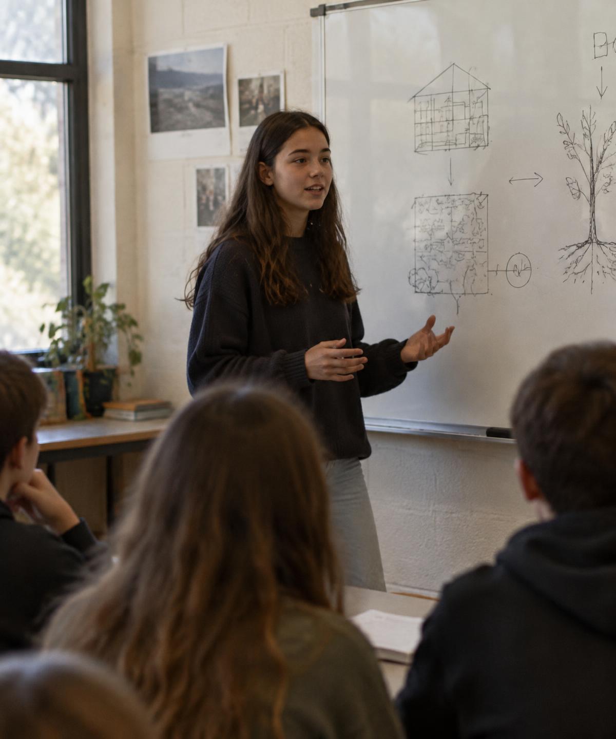 A teenage student explaining sketched ideas at a whiteboard to classmates